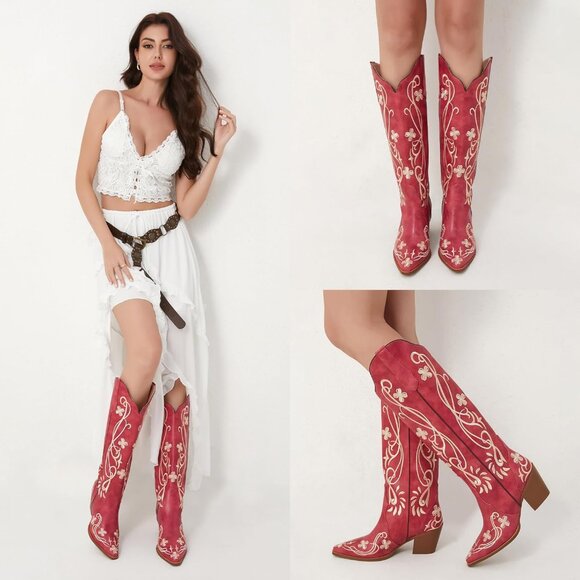Women's Knee High Heel Floral Embroidered Red Classic Design Western Boots - Picture 7 of 8